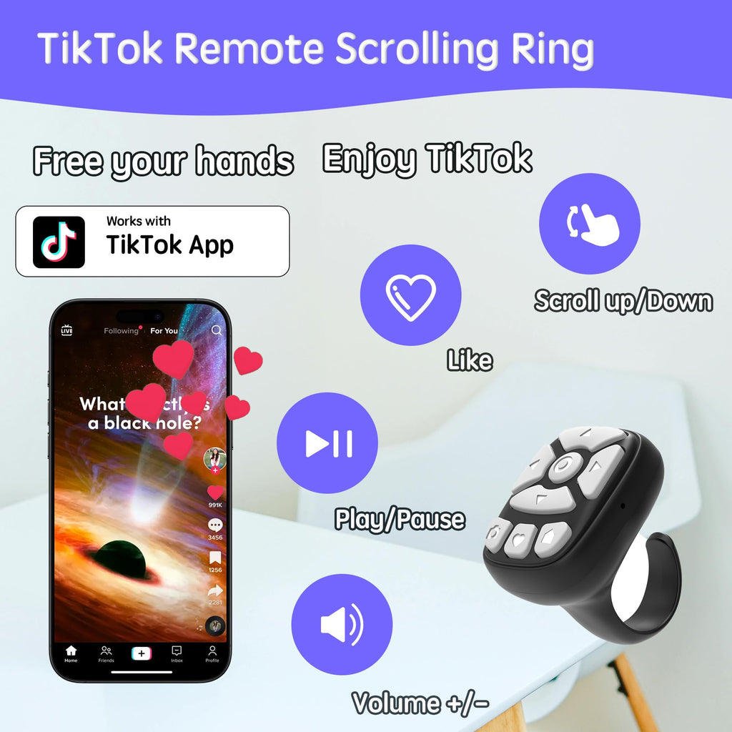 Tiktok Scrolling Ring – 8-Button Finger Tip Remote, With Camer